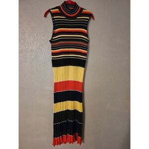Milly Womens Multi Color Striped Ribbed Knit Mock Neck Midi Dress Size M Stretch
